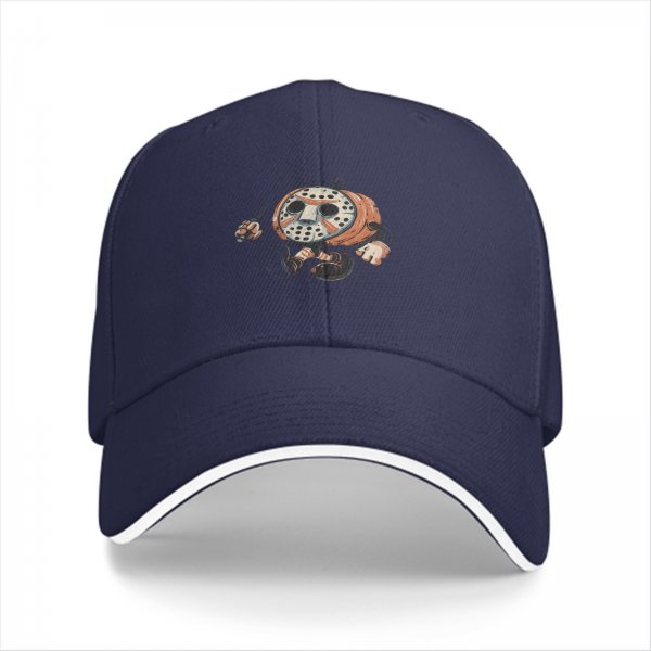 Black Baseball Cap With Retro Jason Voorhees Pumpkin Graphic