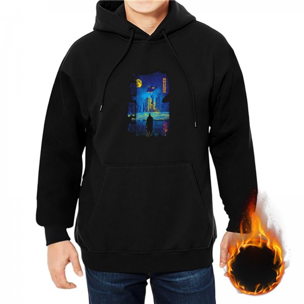 Black hoodie with night cityscape and lone figure graphic