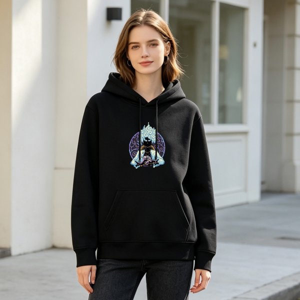 Black hoodie with anime sun god figure graphic print