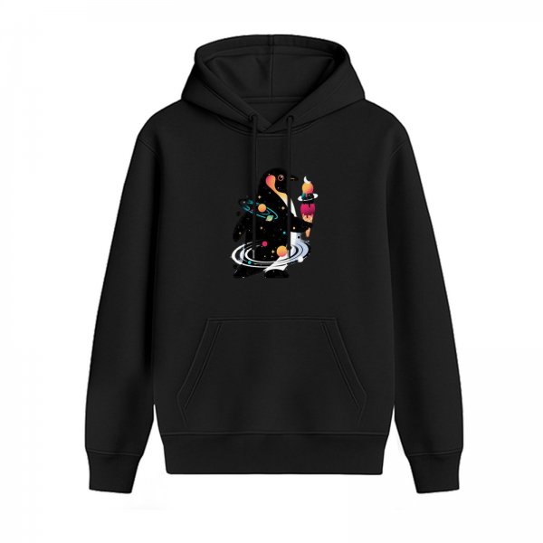 Black hoodie with cosmic penguin holding ice cream graphic