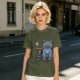 Olive T-Shirt With Whimsical Blue Cat And Mushroom Figure Print