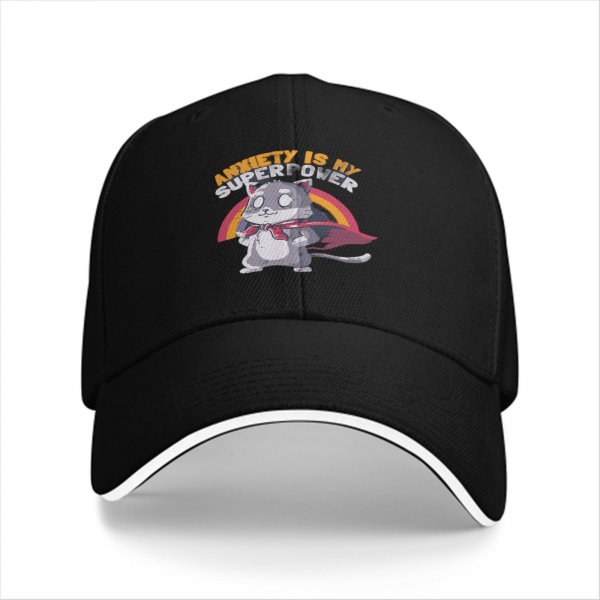 Anxiety Is My Superpower Cat Graphic Black Baseball Cap