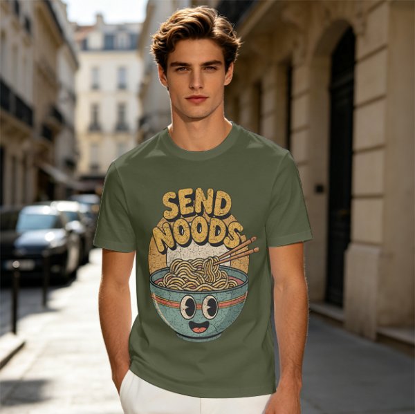 Olive Green T-Shirt With Retro Send Noods Ramen Bowl Graphic
