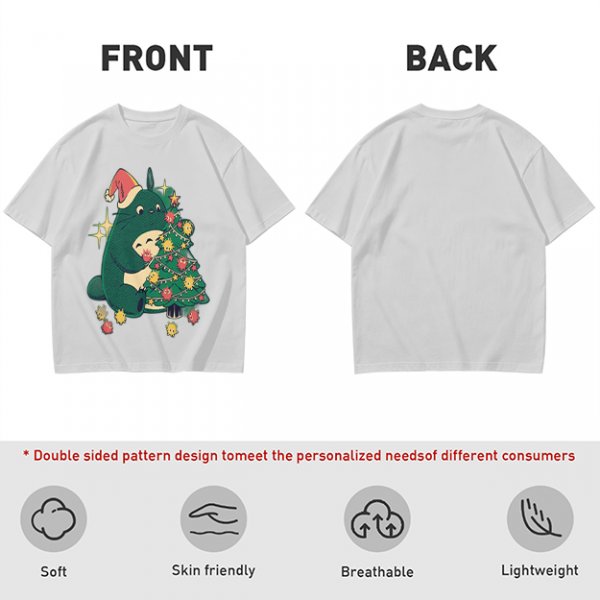 Olive Green T-Shirt With Christmas Totoro Decorating Tree Print