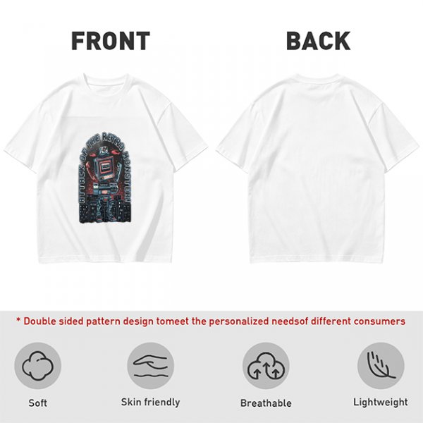 Olive green t-shirt with retro robot monster city attack graphic
