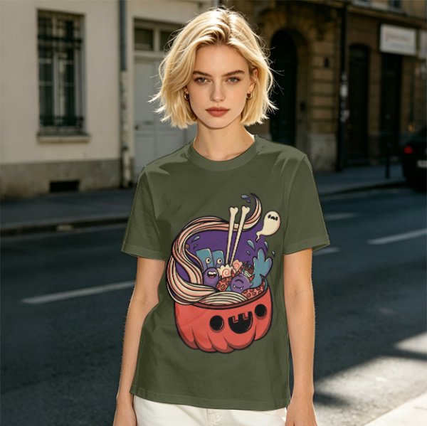 Halloween pumpkin ramen bowl with cute monster graphic t-shirt