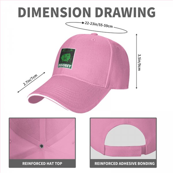 Black baseball cap with green 'DISOBEY' portrait graphic