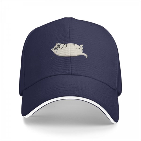 Black baseball cap with a stressed chubby white cat graphic
