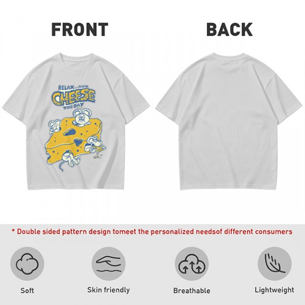 Olive graphic t-shirt with 'Relax and Cheese the Day' and mice on cheese