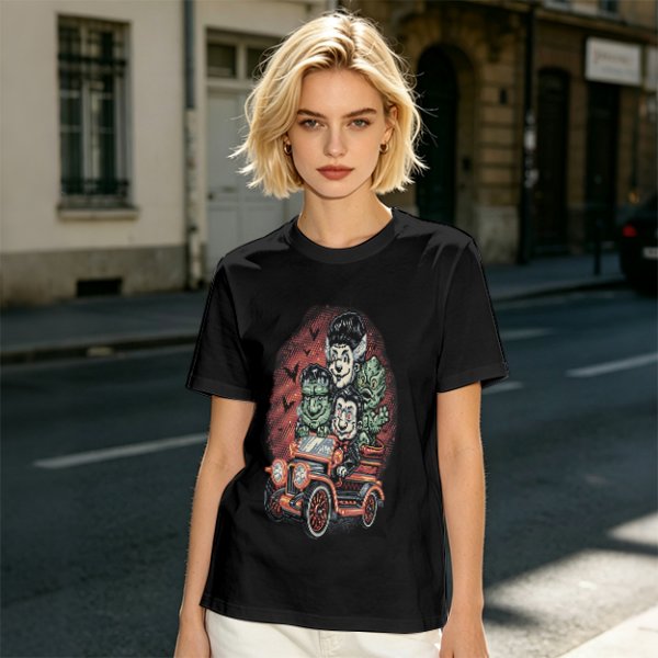 Halloween Monster Characters Driving Vintage Car Graphic T-Shirt