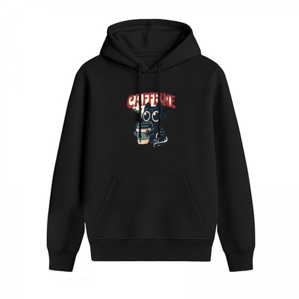 Black hoodie with a black cat holding coffee and caffeine text print