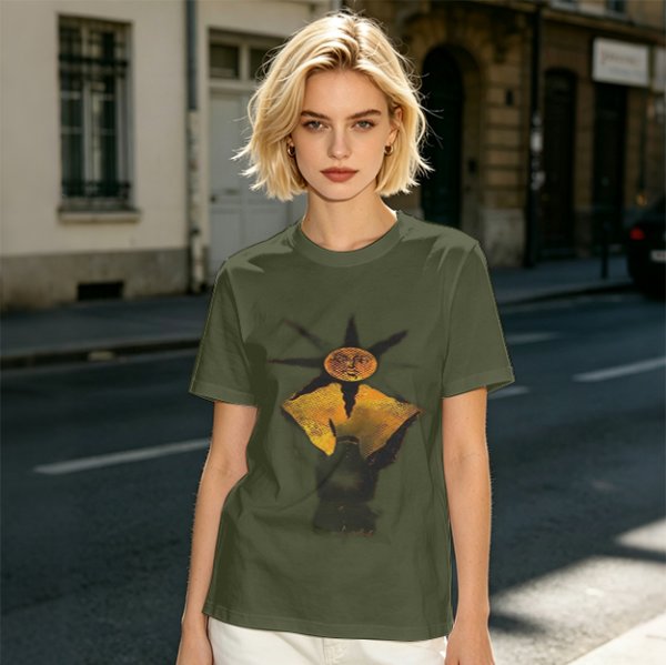 Olive Green T-Shirt With Sun And Dark Figure Graphic Print