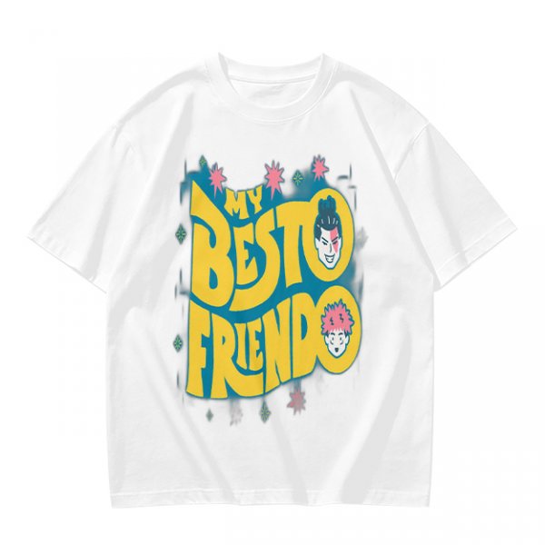 Olive graphic t-shirt with 'MY BESTO FRIENDO' anime character print