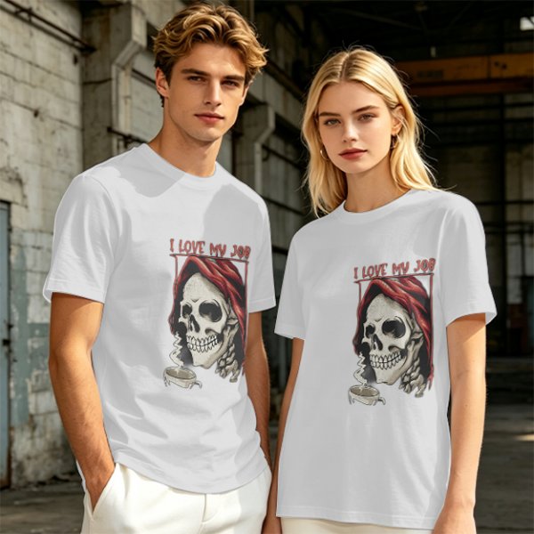 Olive Graphic T-Shirt with Skull and 'I Love My Job' Print