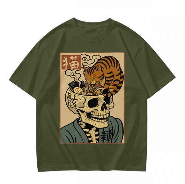 Olive t-shirt with a skull ramen bowl and a napping tabby cat print