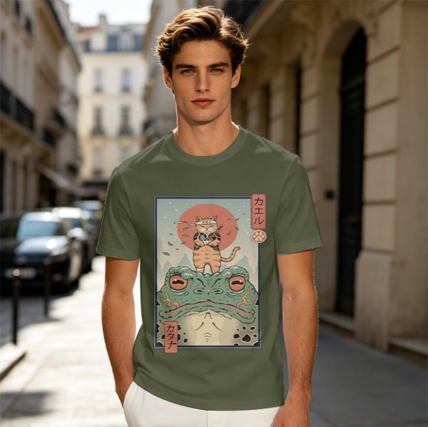 Olive T-shirt with Samurai Cat Riding Giant Frog Japanese Art Print