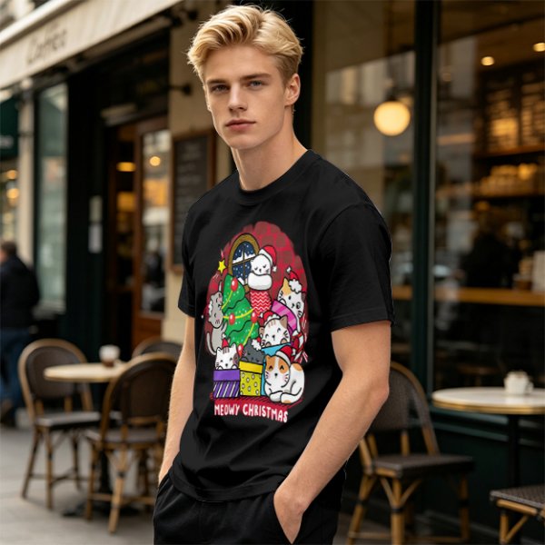 Meowy Christmas Cat Holiday Graphic T-Shirt