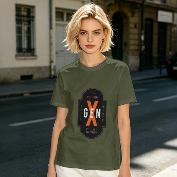 Olive Gen X Graphic T-Shirt With 'Still Here Still Not Impressed' Print