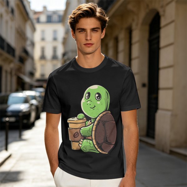 Olive Green T-Shirt With Cute Turtle Holding Coffee Cup Print
