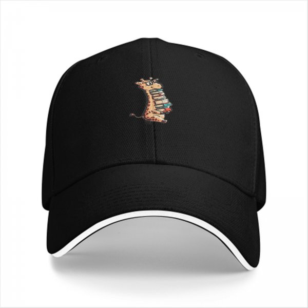Black baseball cap with cute giraffe holding stack of books