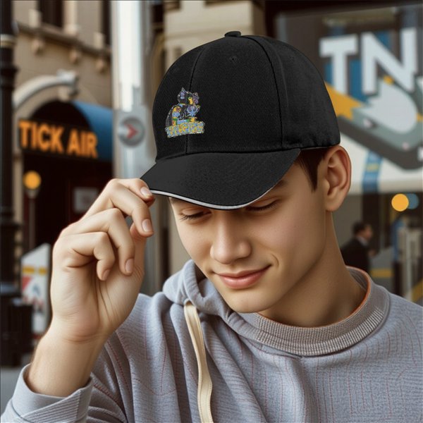 Black baseball cap with colorful cat graphic and Evil Girls text