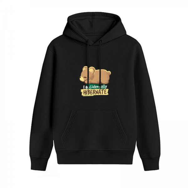 Black hoodie with cute sleeping bear and 'I accidentally hibernate' text