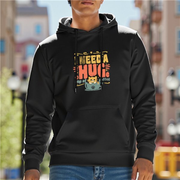 I Need A Hug Coffee Cat Graphic Black Hoodie