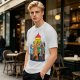 Olive green t-shirt with cartoon dogs playing poker under a hanging lamp
