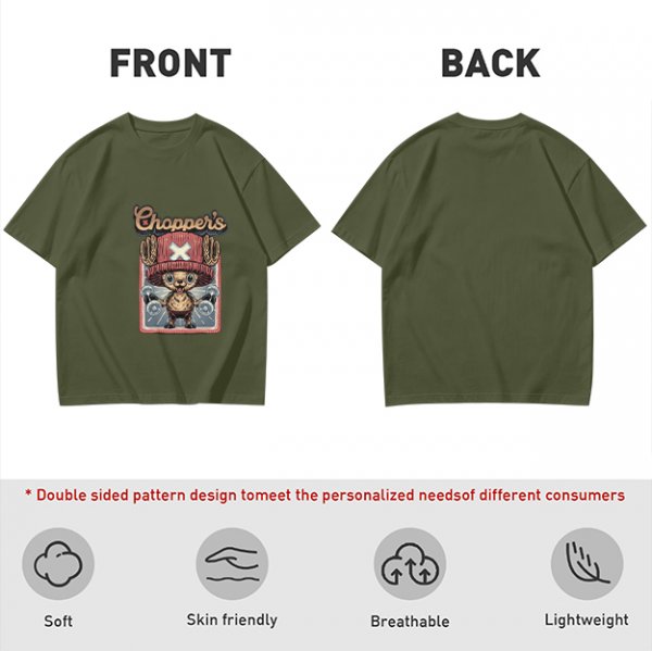 Olive T-Shirt with Tony Tony Chopper Lifting Weights Graphic
