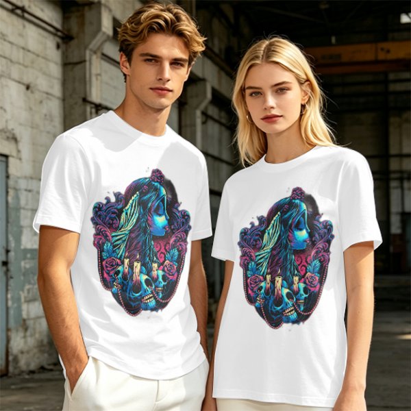 Olive T-Shirt with Gothic Corpse Bride Skull Candle Rose Print