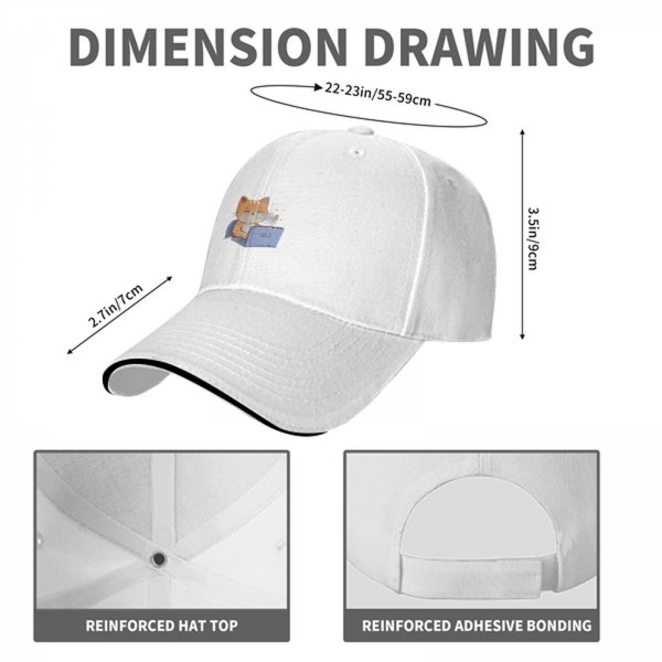 Black baseball cap with a cartoon cat working on a laptop print