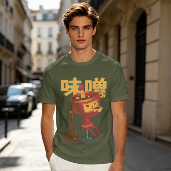 Olive green t-shirt with whimsical miso character graphic print