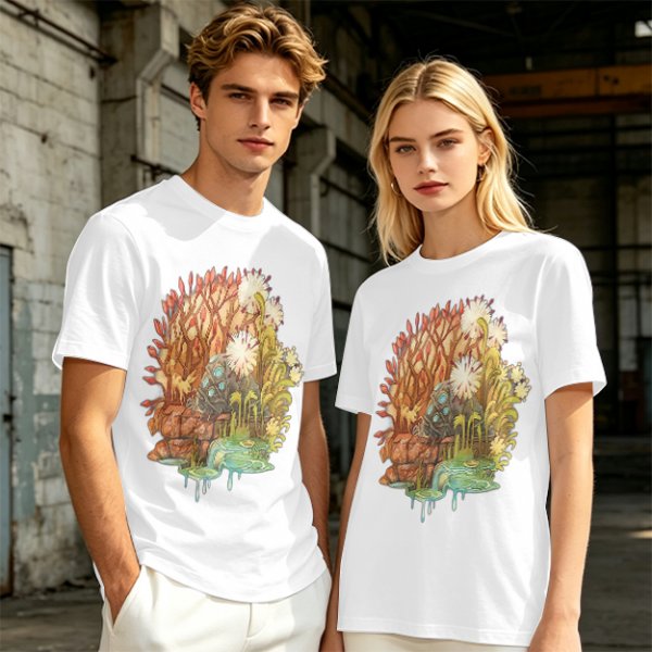 Olive Green T-Shirt with Whimsical Nature Floral and Rock Art Print