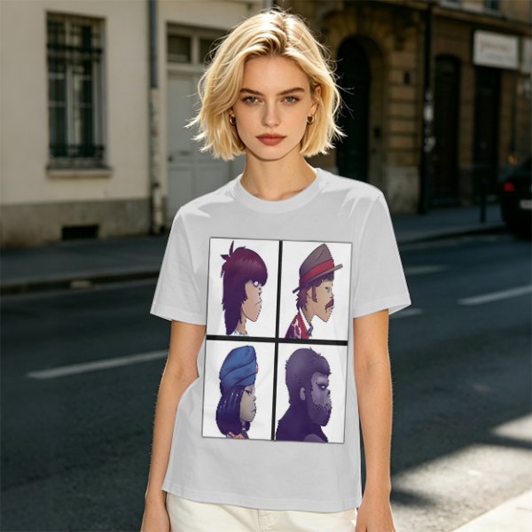 Olive T-Shirt With Four Gorillaz Character Portraits Print