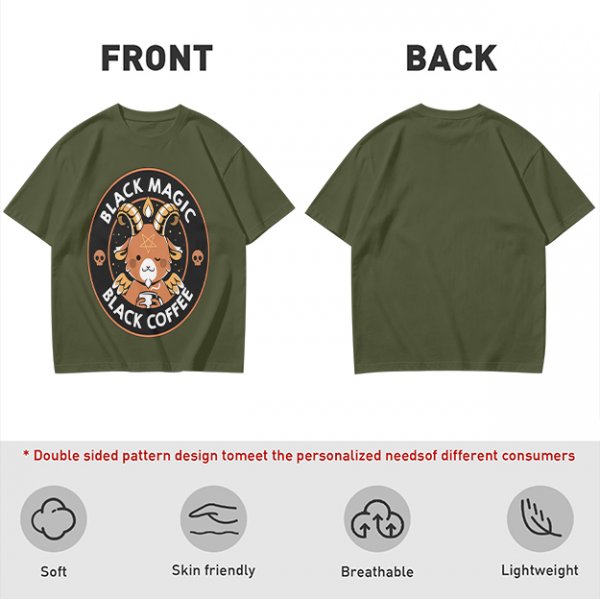 Olive t-shirt with black magic black coffee goat graphic print