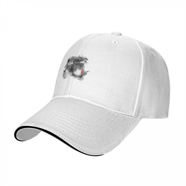 Black Baseball Cap With Abstract Feather And Red Accent Print