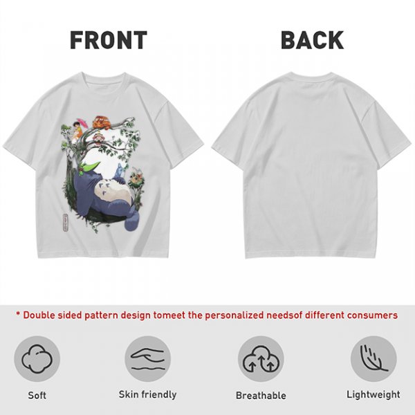 Olive green t-shirt with My Neighbor Totoro forest scene print