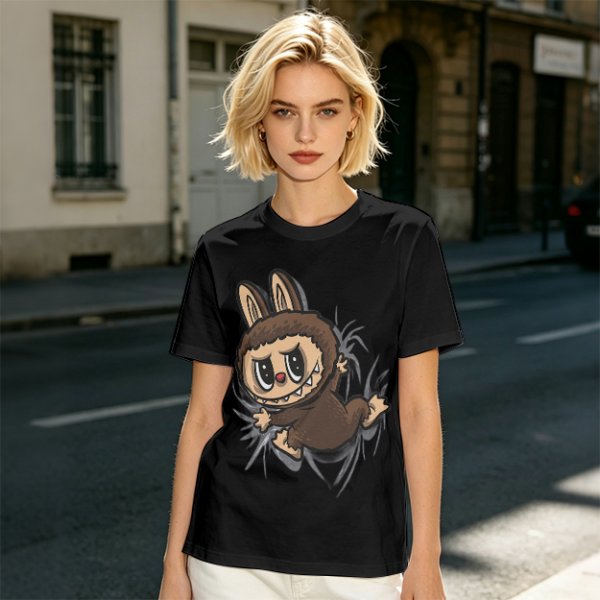 Olive Green T-Shirt With Playful Monster Bunny Graphic Print
