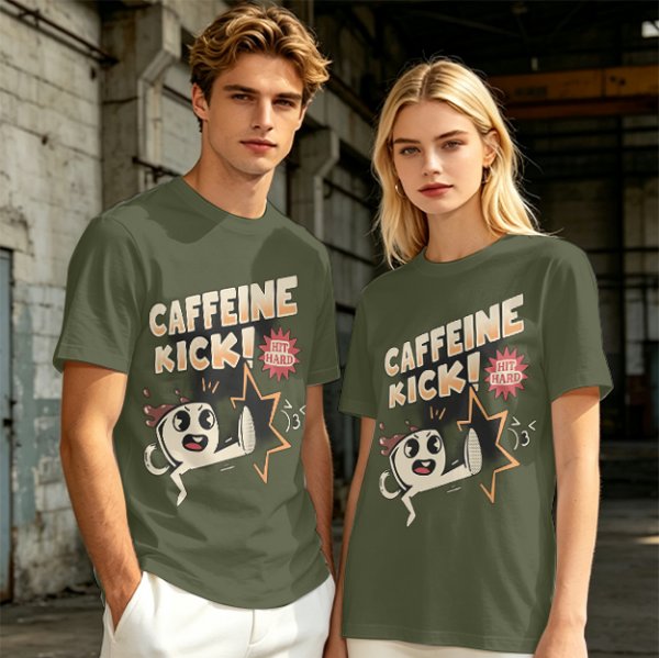 Olive graphic tee with caffeine kick cartoon coffee cup design
