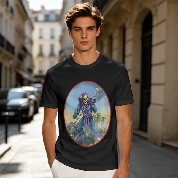 Olive T-Shirt Featuring Skeletor Holding His Havoc Staff