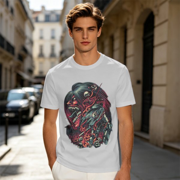 Olive T-Shirt With Dark Fantasy Skull And Monster Graphic Print