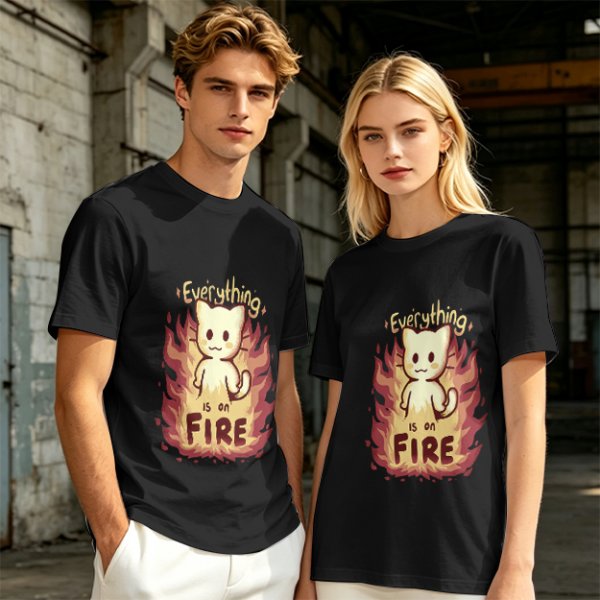 Olive Graphic T-Shirt With Everything Is On Fire Cat Design