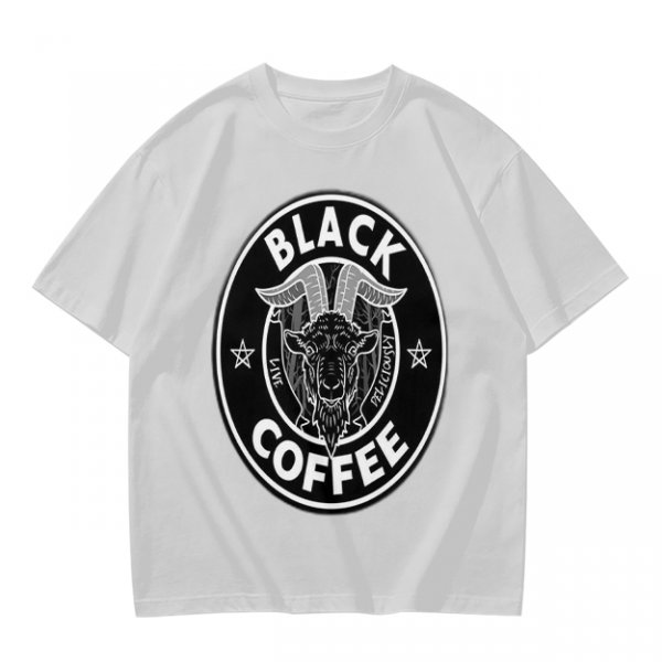 Olive green t-shirt with black goat head and Black Coffee graphic