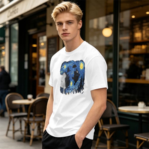 Olive T-Shirt with Starry Night Style Cat Graphic Print