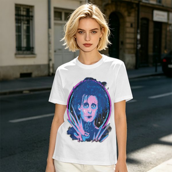 Olive T-Shirt With Neon Edward Scissorhands Portrait Print