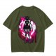 Olive anime cat character graphic t-shirt with pink abstract background