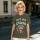 Olive green t-shirt with 'Just Here for the Snacks' and raccoon graphic
