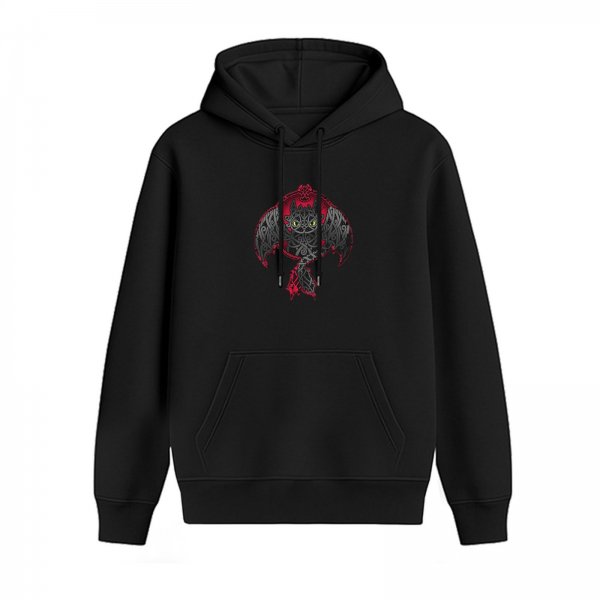 Black hoodie with stylized dragon graphic design