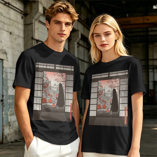 Olive T-Shirt with Japanese Shinto-inspired Window Landscape Print
