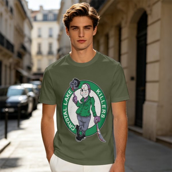 Army Green T-Shirt with Crystal Lake Killers Jason Voorhees Graphic